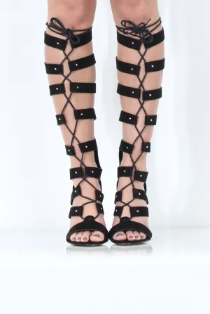 Black Suede Cut Out Knee High Heels - Amaya