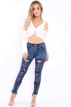 Blue Denim Lace Up High Waist Skinny Jeans - Demelza