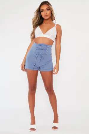 Blue Lace Up High Waisted Tailored Shorts - Darcia