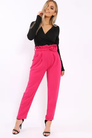 Fuchsia Paper Bag Tie Waist Cigarette Trousers - Karmen