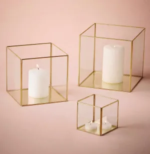 Geometric 5" Cube Glass candleholder Lantern Terrarium Vase (Gold)