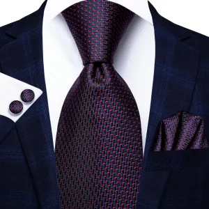 Hi-Tie Blue Red Striped Mens Geometric Tie Pocket Square Cufflinks Set