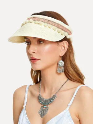 Pom Pom Trim Straw Visor Hat